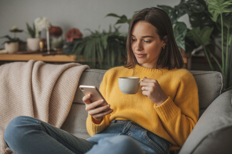 Photo d'une femme qui parcourt des annonces sur son téléphone