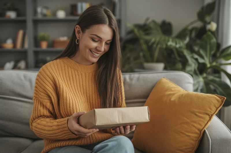 Photo d'une femme déballant un colis'
