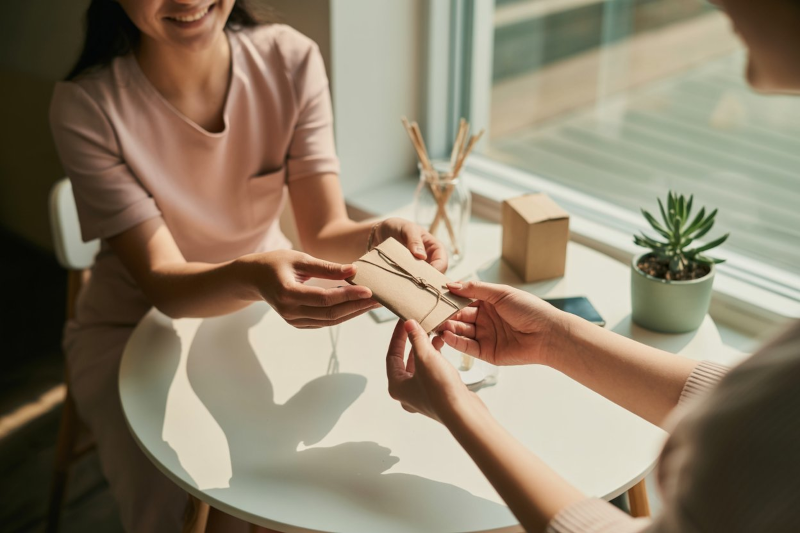 Deux femmes qui s'échange un colis